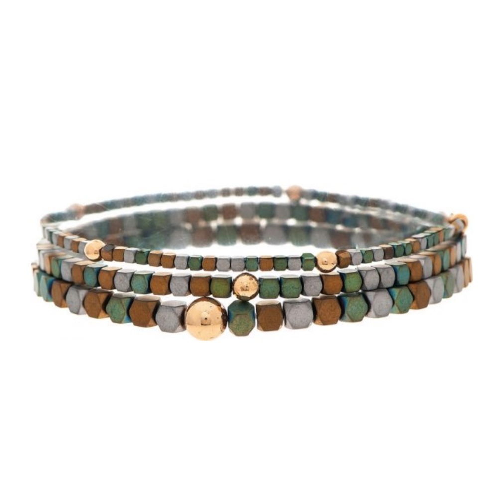 NWT Rain Jewelry Gold Blue Green Beaded Boho Stretch Stack Bracelet Set